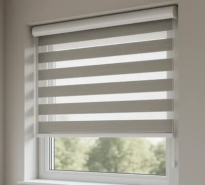 Grey zebra double roller blind on a white-framed window