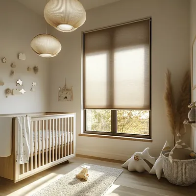 Tan honeycomb blind on a nursery window beside a wooden cot