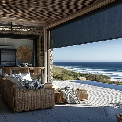 Dark charcoal outdoor screen blind on a timber deck patio with wicker lounge, pool and ocean view