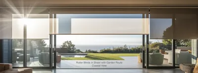 Sheer roller blinds across sliding glass doors, lawn and sea view beyond
