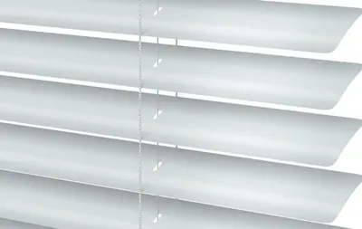 Close-up of pale grey 50mm aluminium venetian blind slats with ladder cord