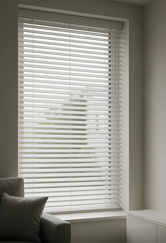 White Plaswood venetian blind fitted in a window