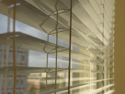 Venetian blind slats and ladder cords at a window with sunlight and city view