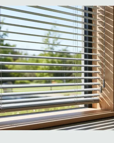 Light grey aluminium venetian blind on a window with a timber sill and garden view