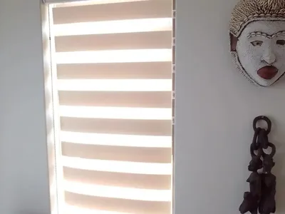 Beige zebra (double roller) blind with alternating sheer and solid bands on a window