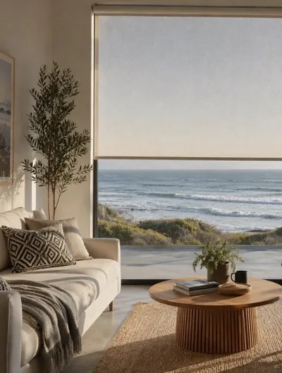 Sheer roller blind half lowered over a sea-view living room window