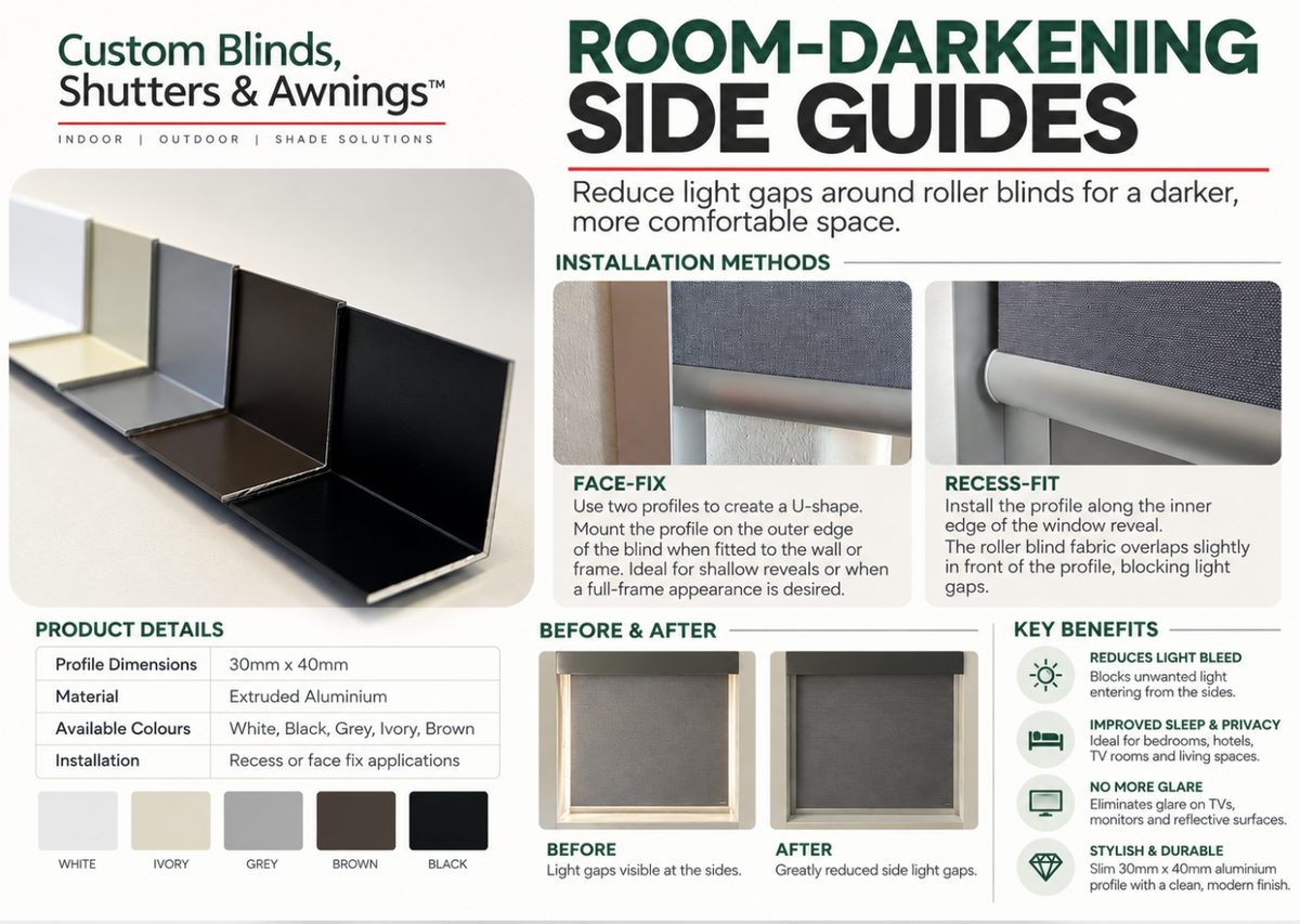 Room-darkening side guides for roller blinds from Custom Blinds Shutters & Awnings: 30mm x 40mm aluminium profile in white, ivory, grey, brown and black, shown face-fixed and recess-fitted