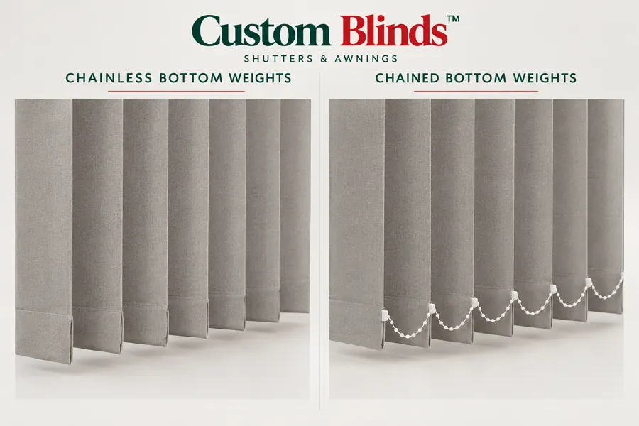 Vertical blinds by Custom Blinds Shutters & Awnings: chainless bottom weights (left) and chained bottom weights (right)