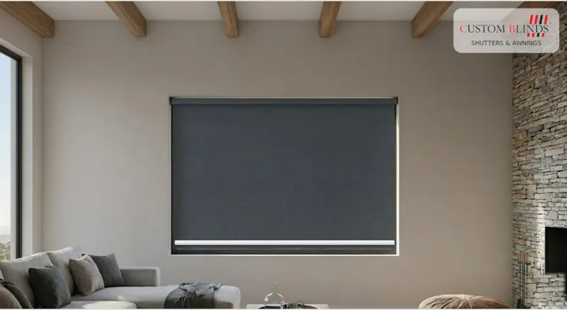 The Custom Blinds Shutters & Awnings live visualiser drawing a charcoal blockout roller blind into a lounge window before you order