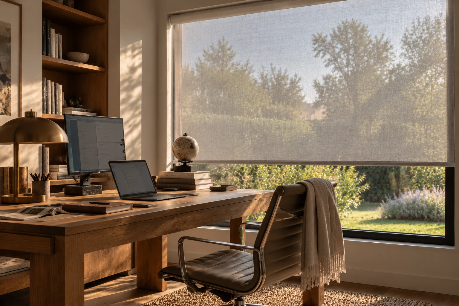 Sheer roller blind for home offices | Custom Blinds Shutters & Awnings Light grey sheer roller blind on a large home office window, softening afternoon sun over an oak desk with a laptop and monitor while the garden stays visible through the fabric. Made-to-measure by Custom Blinds Shutters & Awnings, shop.customblinds.co.za.