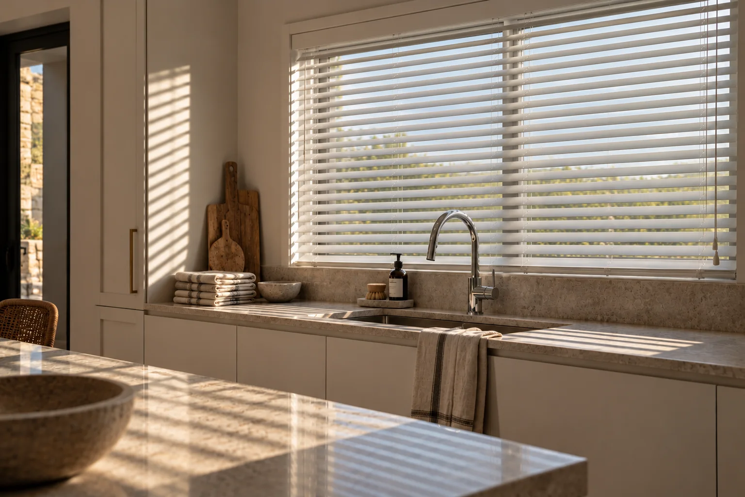 Plaswood venetian blind for kitchens | Custom Blinds Shutters & Awnings White Plaswood venetian blind above a kitchen sink, slats tilted to let soft daylight in while keeping privacy, with slat shadows across a stone countertop. Made-to-measure by Custom Blinds Shutters & Awnings, shop.customblinds.co.za.