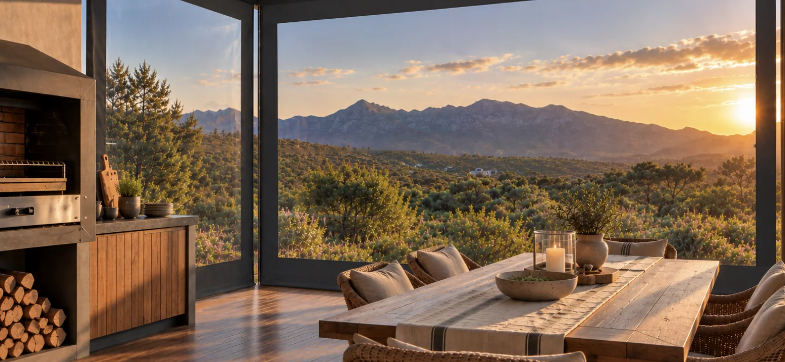 Clear PVC outdoor blinds for patios | Custom Blinds Shutters & Awnings Clear PVC outdoor blinds with charcoal canvas borders enclosing a covered patio with a braai and dining table, keeping the wind off while the mountain view stays open. Made-to-measure by Custom Blinds Shutters & Awnings, shop.customblinds.co.za.