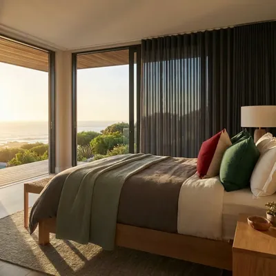 Dark dim-out blinds at bedroom glass doors with sea view at sunset