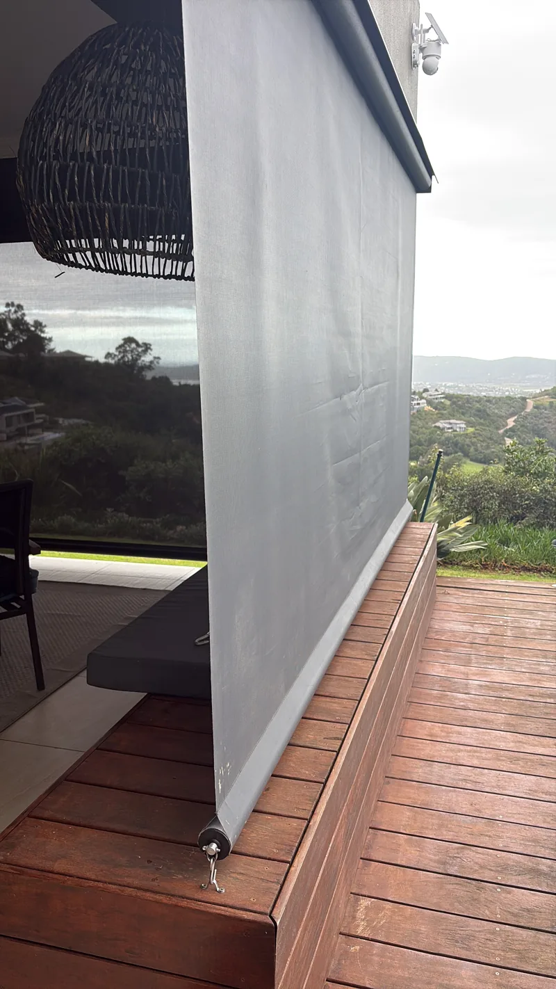 Outdoor Blinds screen in Charcoal, deck installation with valley view, South Africa
