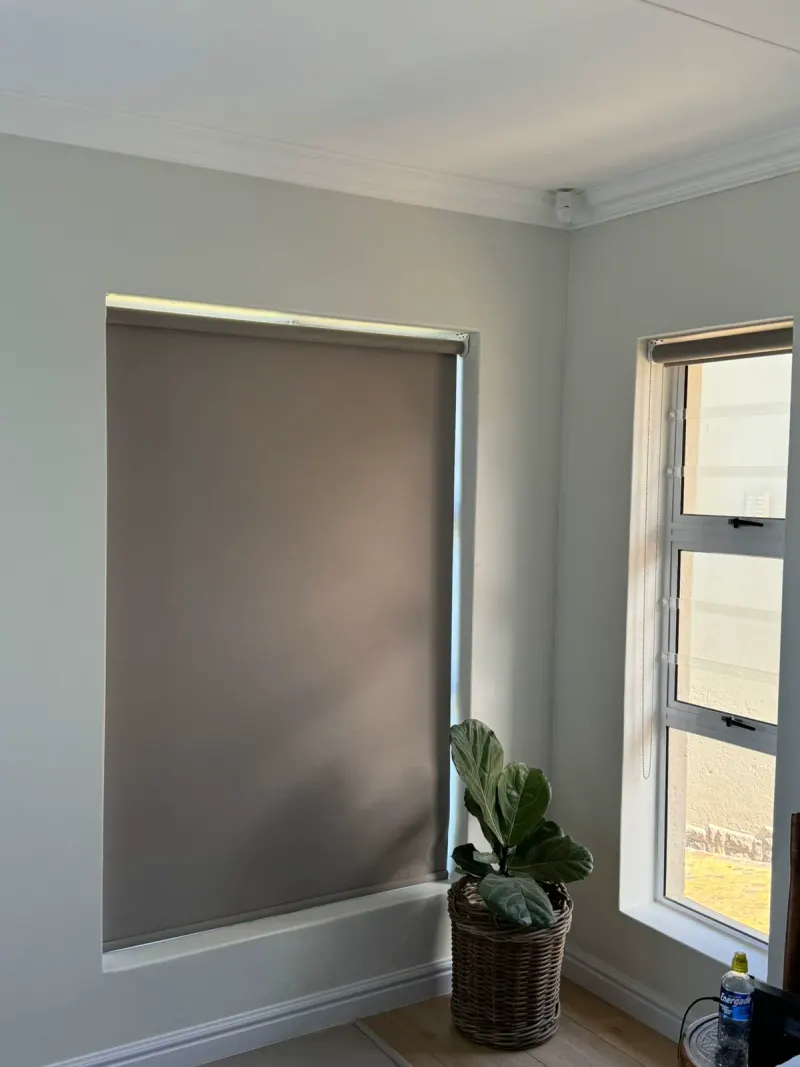 A taupe blockout roller blind fully down on a corner room window, a second window alongside